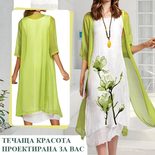 🌸Дамски комплект от две части - рокля с флорален принт и кардиган