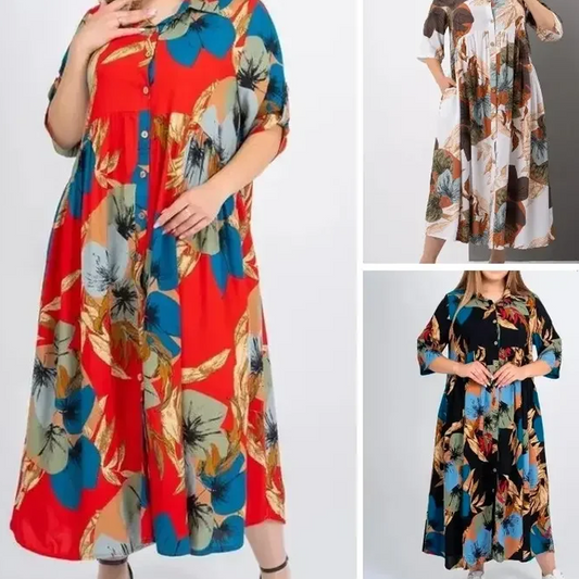【2XL-4XL】🌺Женска дълга рокля със свободна ревера и печатни копчета👗