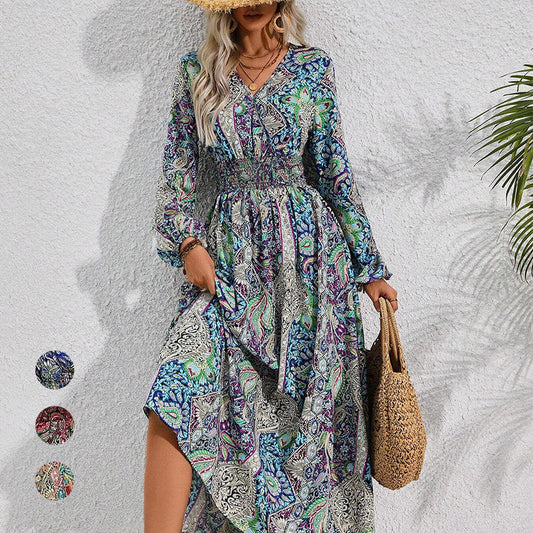 💃Печатана рокля с дълъг ръкав и V-образно деколте