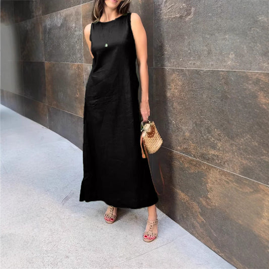 🌈Жените плътен цвят бутон страна разделят без ръкави рокля