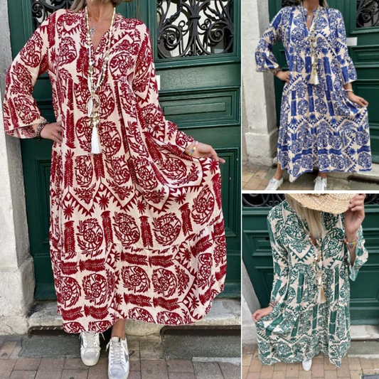 Печатана плисирана рокля с V-образно деколте за жени