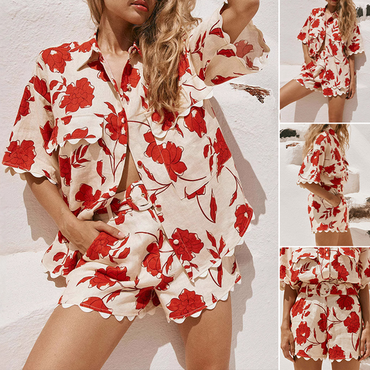 🌺Жените реколта флорален печат риза и шорти комплект от две части