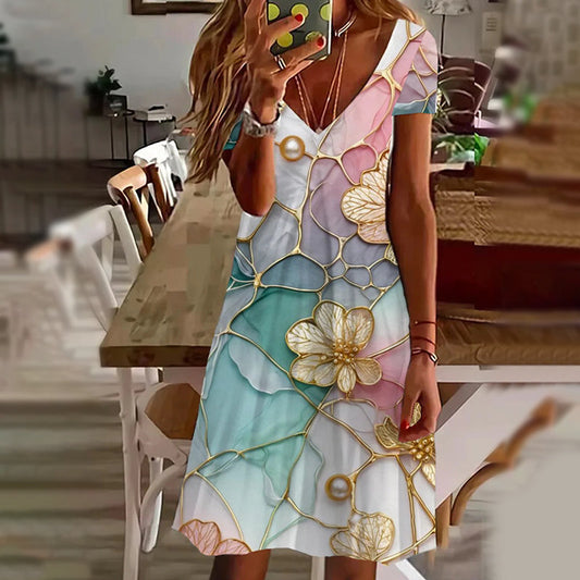 🌸Елегантна рокля с V-образно деколте и флорални мотиви