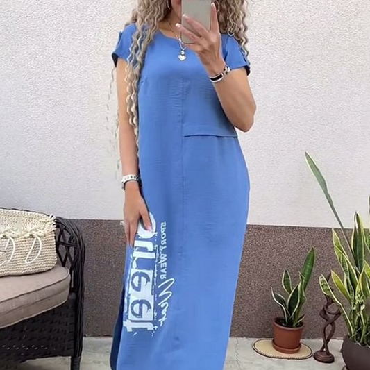 Жените случайни къс ръкав страна прорез хлабав годни рокля