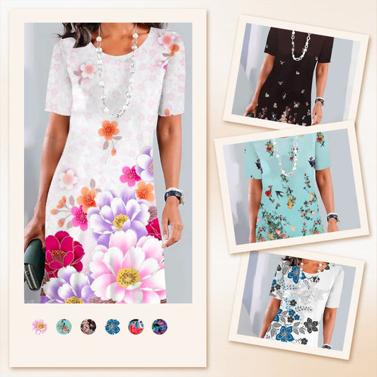 【S-4XL】Дамска рокля Midi с принт, кръгла деколте и къс ръкав