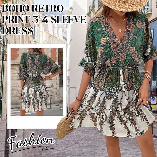 🎀Бохо ретро рокля с 3/4 ръкави и сладко деколте