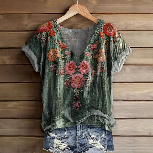 Реколта измити зелени V-образно деколте флорален топ