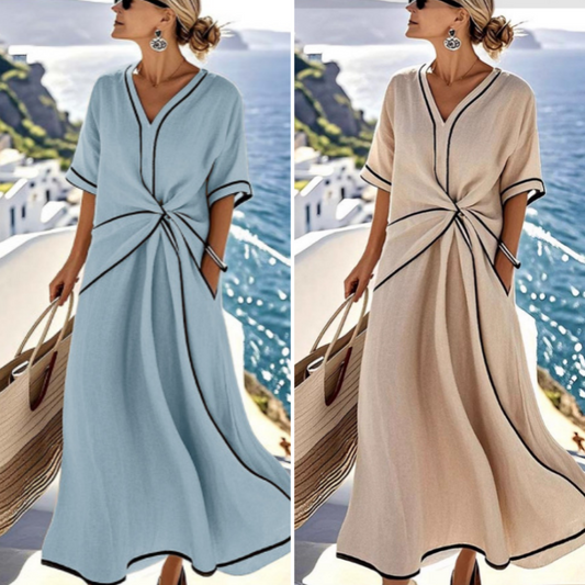 🌟Дамска широка рокля с райета и V-образно деколте