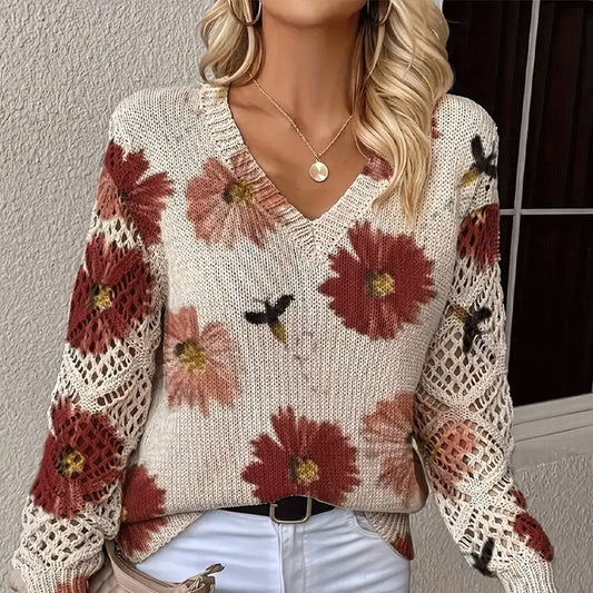 🌺Дамски пуловер с V-образно деколте и флорален мотив