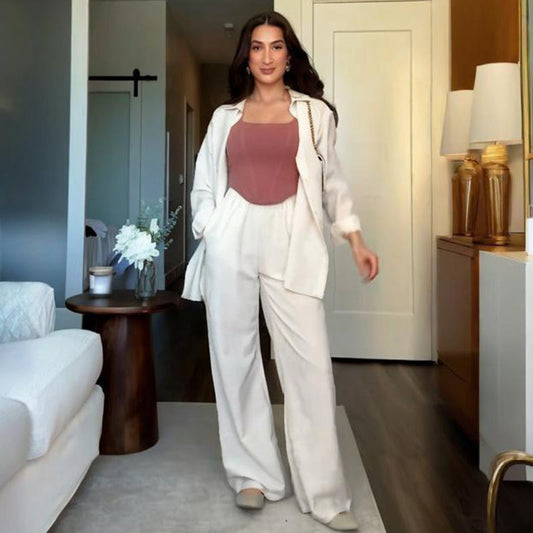 2025 Нови постъпления🌟Комплект от едноцветна риза с широка кройка и панталони с широки крачоли