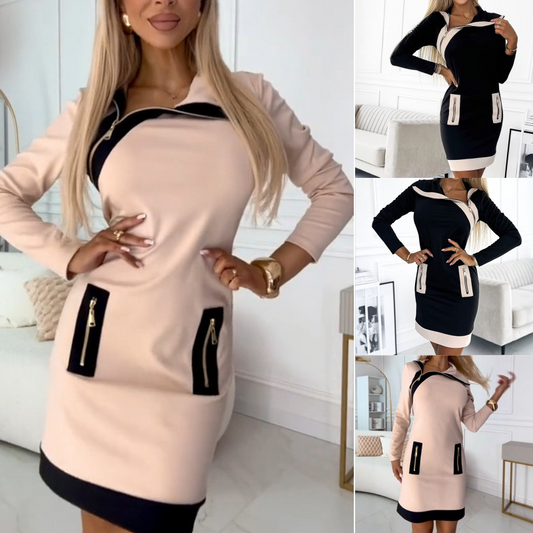 🌟Дамска къса рокля с дълъг ръкав, цип и цветни блокове