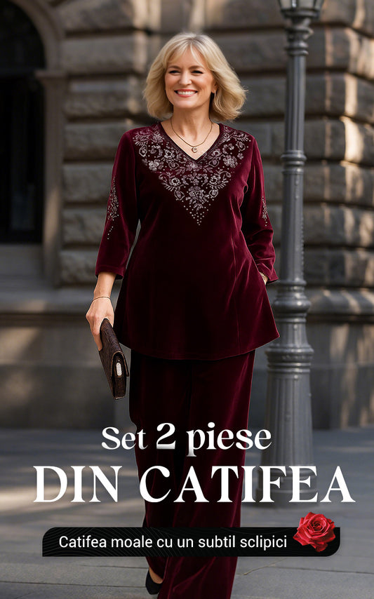 💞Дамски кадифен комплект от блуза и панталон с кристали