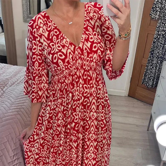 【S-5XL】🌸Дълга рокля с V-образен принт
