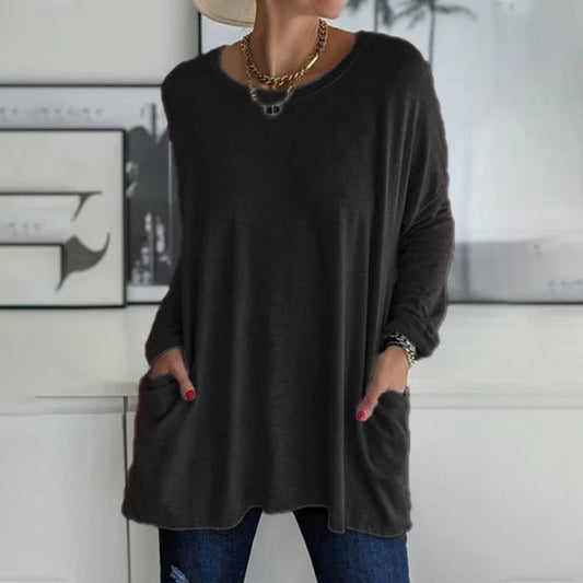 Женски кръгъл врат свободен джоб дълъг -Sleeved T -риза