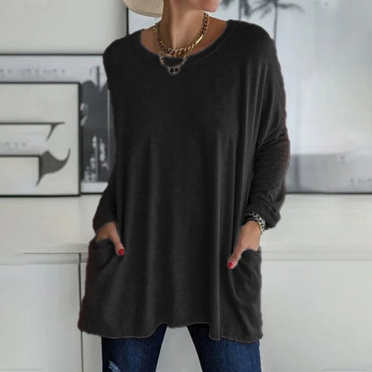 Женски кръгъл врат свободен джоб дълъг -Sleeved T -риза