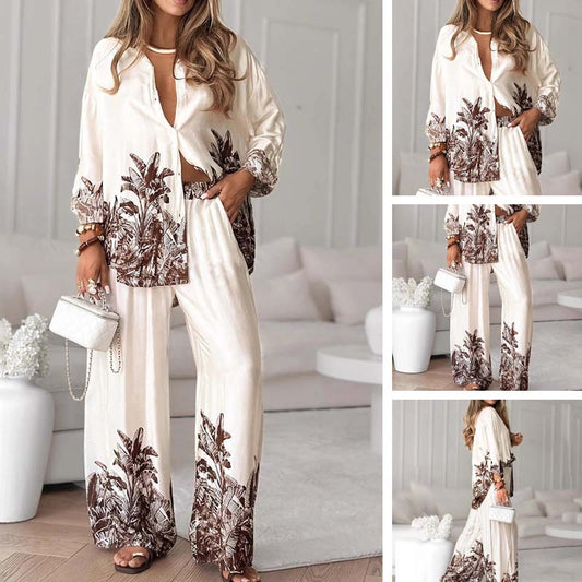 Елегантен комплект от блуза и панталони с ботаничен принт, 2 части