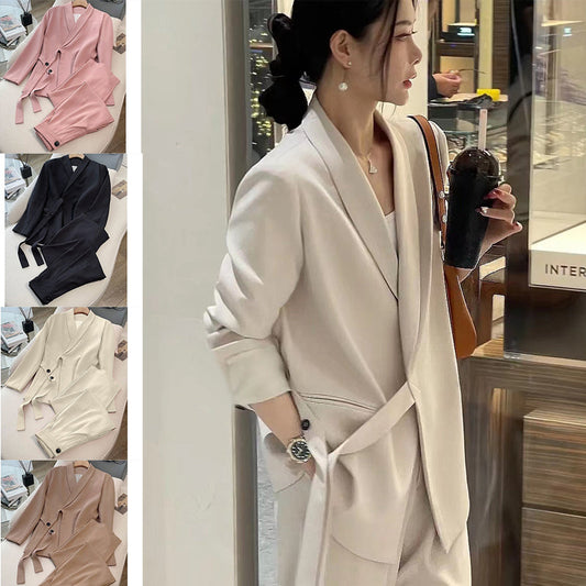 Дамски комплект от две части - сако с връзки отпред и панталони с широки крачоли