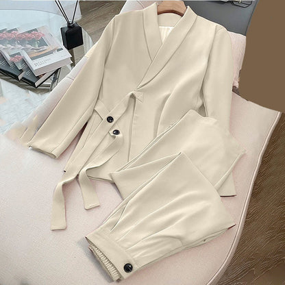 Дамски комплект от две части - сако с връзки отпред и панталони с широки крачоли